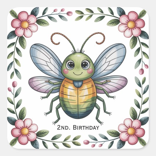 Kleurrijke insectenbeestjes 2e. verjaardagsfeestje vierkante sticker (Voorkant)