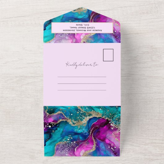 Kleurrijke iriserende Abstract Art Fluid Wedding All In One Uitnodiging (Buitenkant)