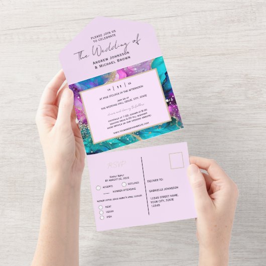 Kleurrijke iriserende Abstract Art Fluid Wedding All In One Uitnodiging (Afscheurbaar)