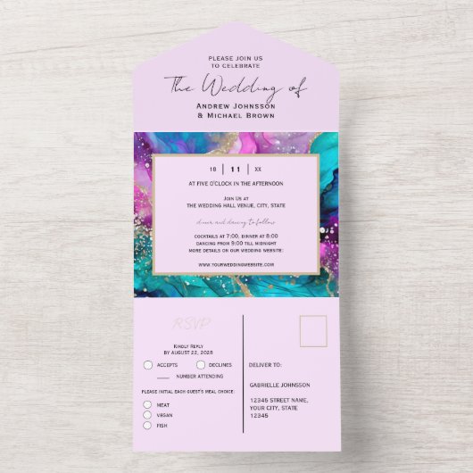 Kleurrijke iriserende Abstract Art Fluid Wedding All In One Uitnodiging (Binnen)