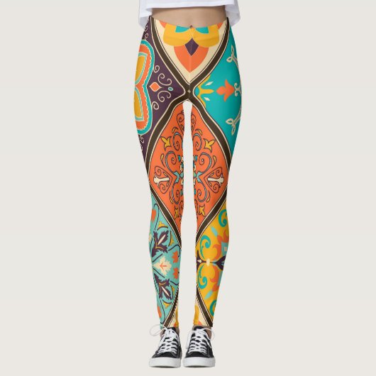 Kleurrijke islamitisch geïnspireerde patchwork teg leggings (Voorkant)
