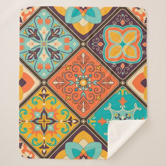 Kleurrijke islamitisch geïnspireerde patchwork teg sherpa deken (Voorkant)