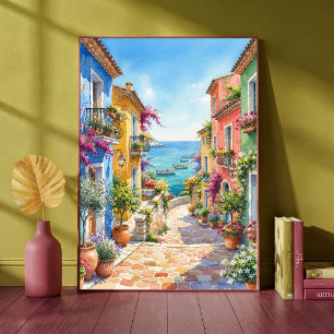 Kleurrijke Italiaanse kustdorp steegje Oceaan Poster