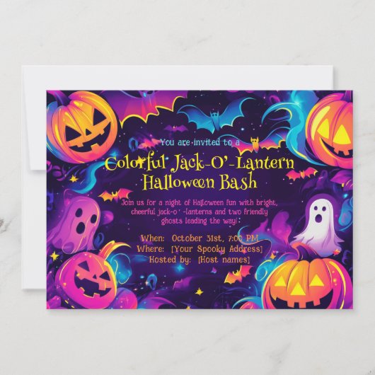 🎃Kleurrijke Jack-O’-Lantern Halloween Bash Kaart (Voorkant)