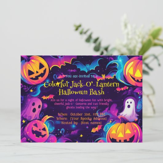 🎃Kleurrijke Jack-O’-Lantern Halloween Bash Kaart (Staand voorkant)