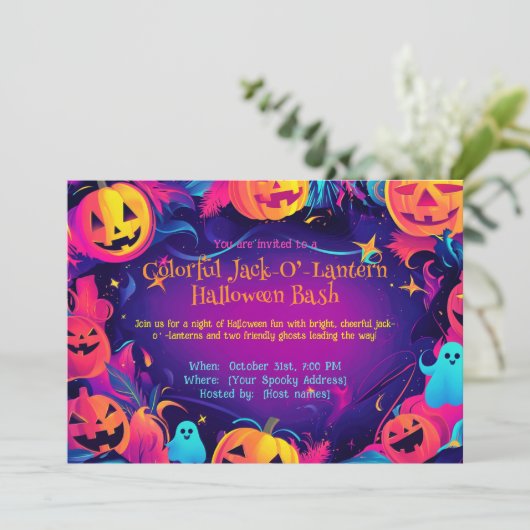🎃Kleurrijke Jack-O’-Lantern Halloween Bash Kaart (Staand voorkant)
