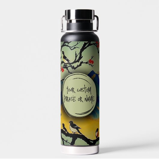 Kleurrijke japans Waterverf Natuur Scene Birds Waterfles (Achterkant)