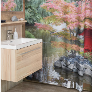 Kleurrijke Japanse Tuin Scène Landschap Douchegordijn
