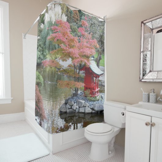Kleurrijke Japanse Tuin Scène Landschap Douchegordijn (In situ)