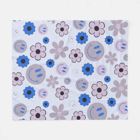 Kleurrijke jaren 70 Groovy Flower Smile Gezichtspa Fleece Deken (Voorkant (Horizontaal))