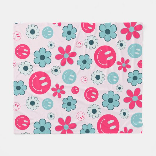 Kleurrijke jaren 70 Groovy Flower Smile Gezichtspa Fleece Deken (Voorkant (Horizontaal))