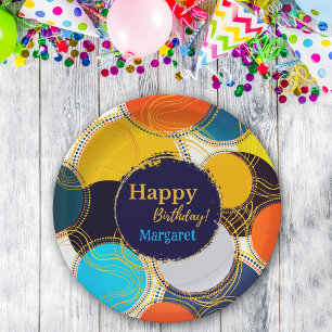 Kleurrijke jaren 80 Retro Circle Abstract Happy Bi Papieren Bordje