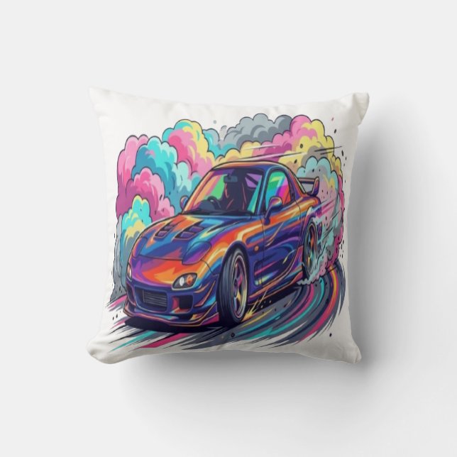 Kleurrijke JDM sportauto driftende neon bandenrook Kussen (Voorkant)