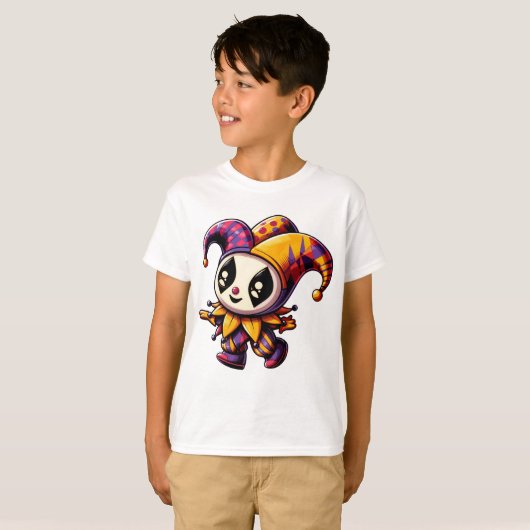"Kleurrijke Jester karakter illustratie" T-shirt (Voorkant volledig)