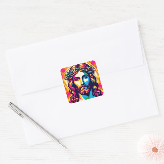 Kleurrijke Jesus sticker! Vierkante Sticker (Envelop)