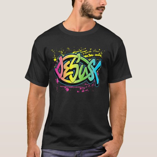Kleurrijke Jezus-visvorm T-shirt (Voorkant)