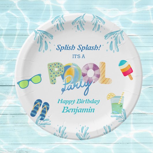 Kleurrijke Jongen Zwembad Verjaardagsfeestje Papieren Bordje