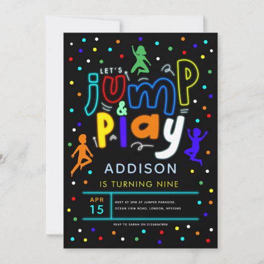 Kleurrijke Jump & Play Neon Trampoline Verjaardag Kaart (Voorkant)