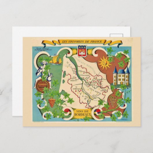 Kleurrijke kaart van Bordeaux Frankrijk ansichtkaa (Voorkant / Achterkant)