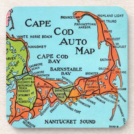 Kleurrijke Kaart van Cape Cod  Bier Onderzetter (Voorkant)