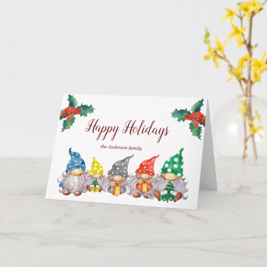 Kleurrijke kabouters elegante script kerstkaart kaart (Gele Bloem)