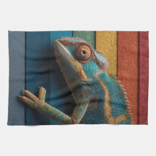 Kleurrijke Kameleon op Regenboog Achtergrond Theedoek