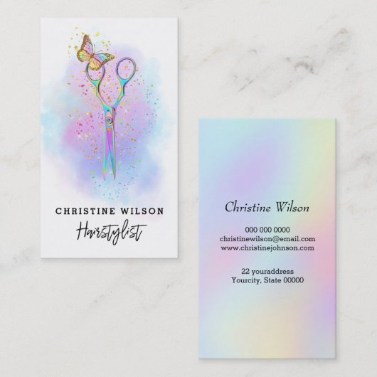 Kleurrijke kapper schaar en vlinder visitekaartje (Voorkant / Achterkant)