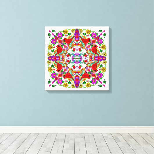kleurrijke kardinalen en bloemen Mandala Canvas Afdruk (Insitu (Houten vloer))