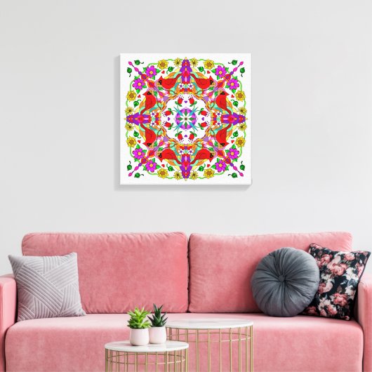 kleurrijke kardinalen en bloemen Mandala Canvas Afdruk (Insitu (Woonkamer))