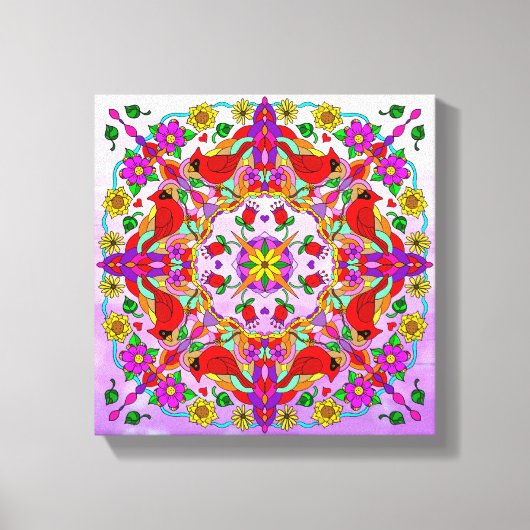  kleurrijke kardinalen en bloemen Mandala Canvas Afdruk (Voorkant)