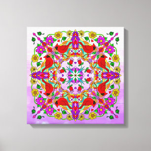 kleurrijke kardinalen en bloemen Mandala Canvas Afdruk
