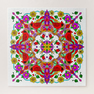  kleurrijke kardinalen en bloemen Mandala Legpuzzel