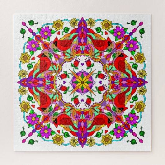 kleurrijke kardinalen en bloemen Mandala Legpuzzel (Verticaal)