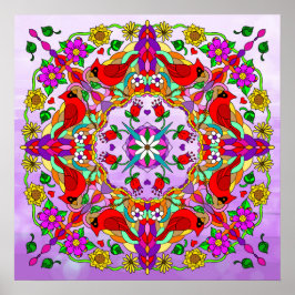  kleurrijke kardinalen en bloemen Mandala Poster