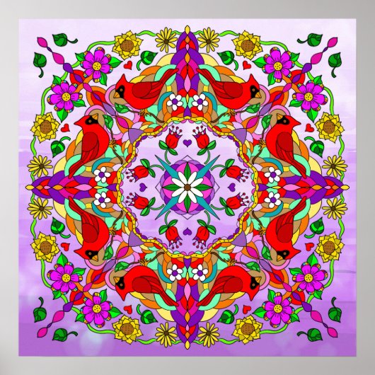  kleurrijke kardinalen en bloemen Mandala Poster (Voorkant)