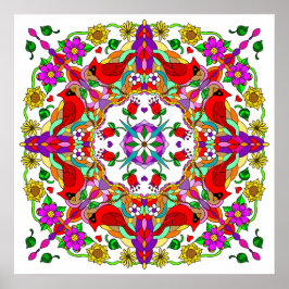  kleurrijke kardinalen en bloemen Mandala Poster