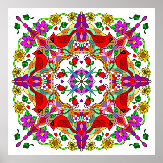  kleurrijke kardinalen en bloemen Mandala Poster (Voorkant)