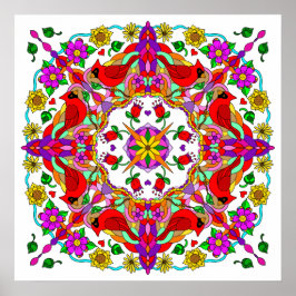  kleurrijke kardinalen en bloemen Mandala Poster
