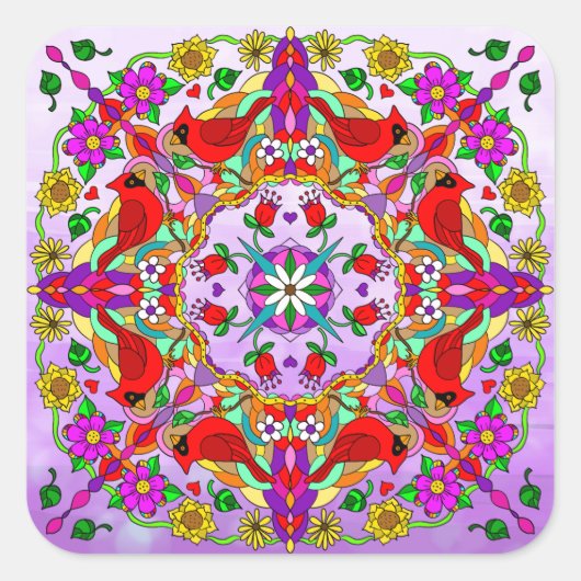 kleurrijke kardinalen en bloemen Mandala Vierkante Sticker (Voorkant)