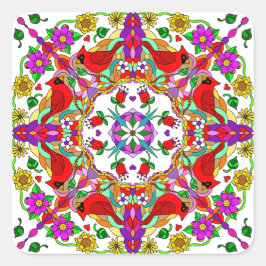  kleurrijke kardinalen en bloemen Mandala Vierkante Sticker