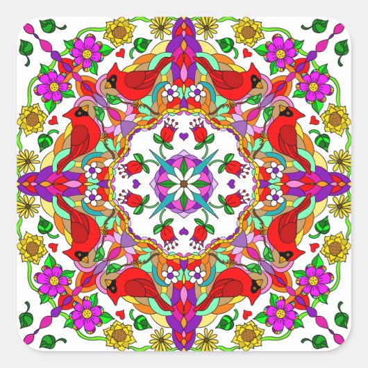  kleurrijke kardinalen en bloemen Mandala Vierkante Sticker (Voorkant)