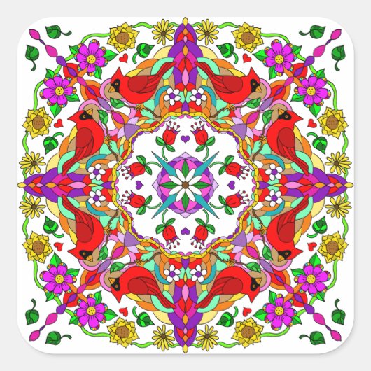 kleurrijke kardinalen en bloemen Mandala Vierkante Sticker (Voorkant)