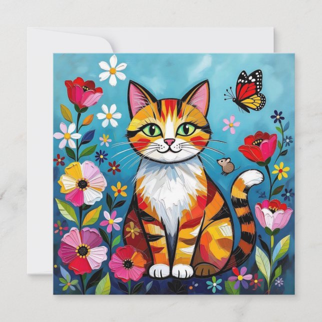 Kleurrijke Kat, Bloemen en Vlinder  (Voorkant)
