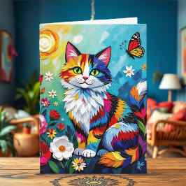Kleurrijke kat, bloemen & vlinder verjaardag kaart