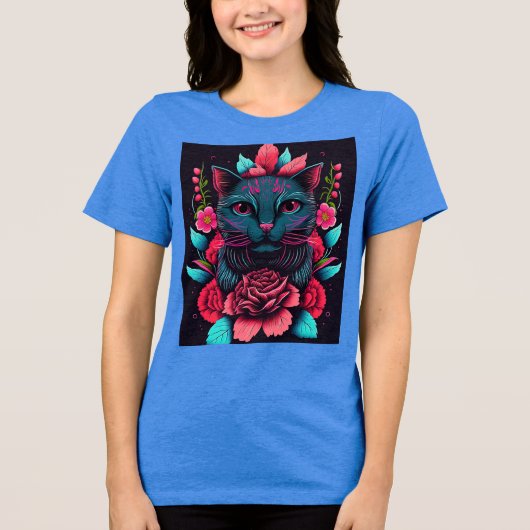 KLEURRIJKE KAT EN BLOEMEN Tri-Blend SHIRT (Voorkant)