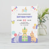 Kleurrijke kat en hond huisdier verjaardagsfeestje kaart (Staand voorkant)