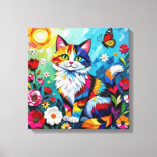 Kleurrijke Kat en Vlinder Canvas Afdruk (Voorkant)