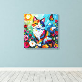 Kleurrijke Kat en Vlinder Canvas Afdruk (Insitu (Houten vloer))