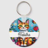 Kleurrijke Kat en Vlinder Gepersonaliseerd Sleutelhanger (Voorkant)