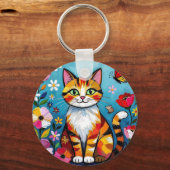 Kleurrijke Kat en Vlinder Gepersonaliseerd Sleutelhanger (Achterkant)